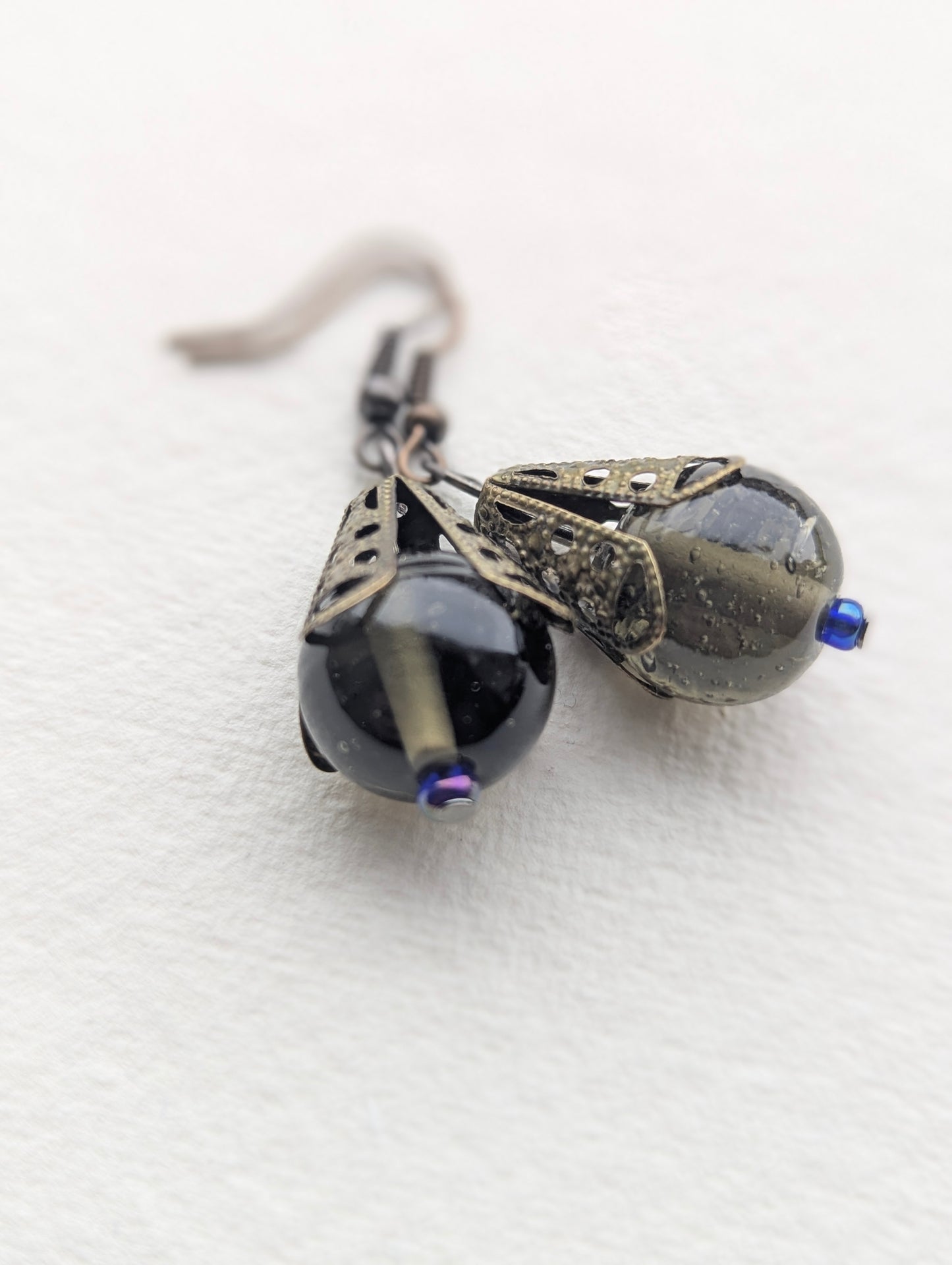 Handmade Dark Green Bead & Filigree Drop Earrings