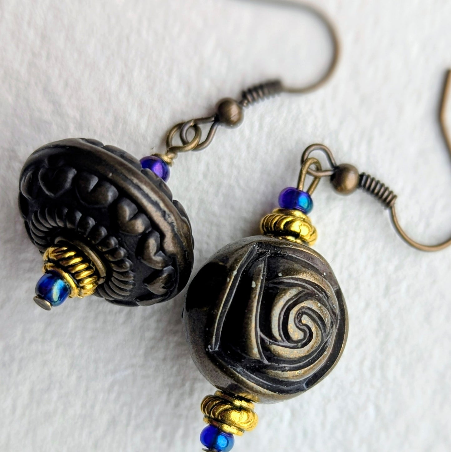 Artisan Bronze & Blue Drop Earrings with Rose and Heart Details