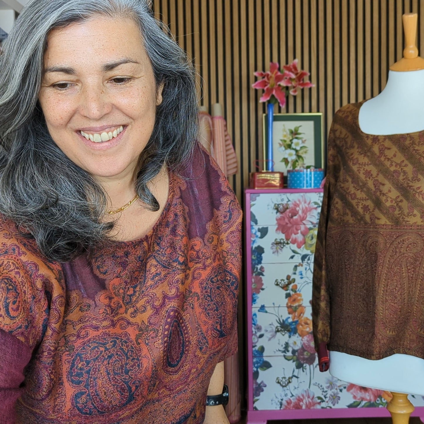 Winter top, upcycle wool scarf (red paisley jumper)