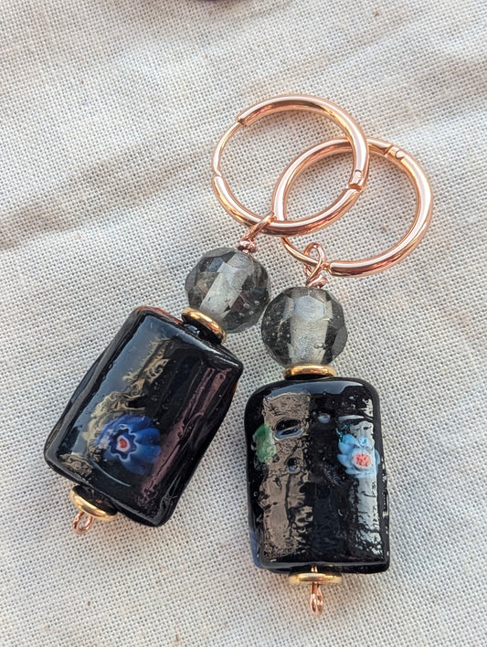 Black Floral Murano Glass Drop Hoop Earrings