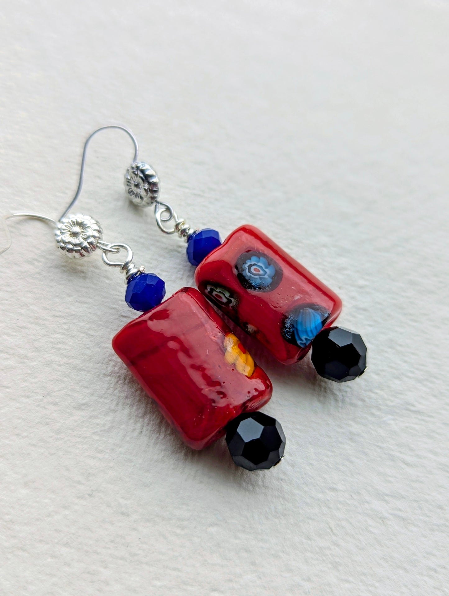 Handmade Red Millefiori Glass Drop Earrings