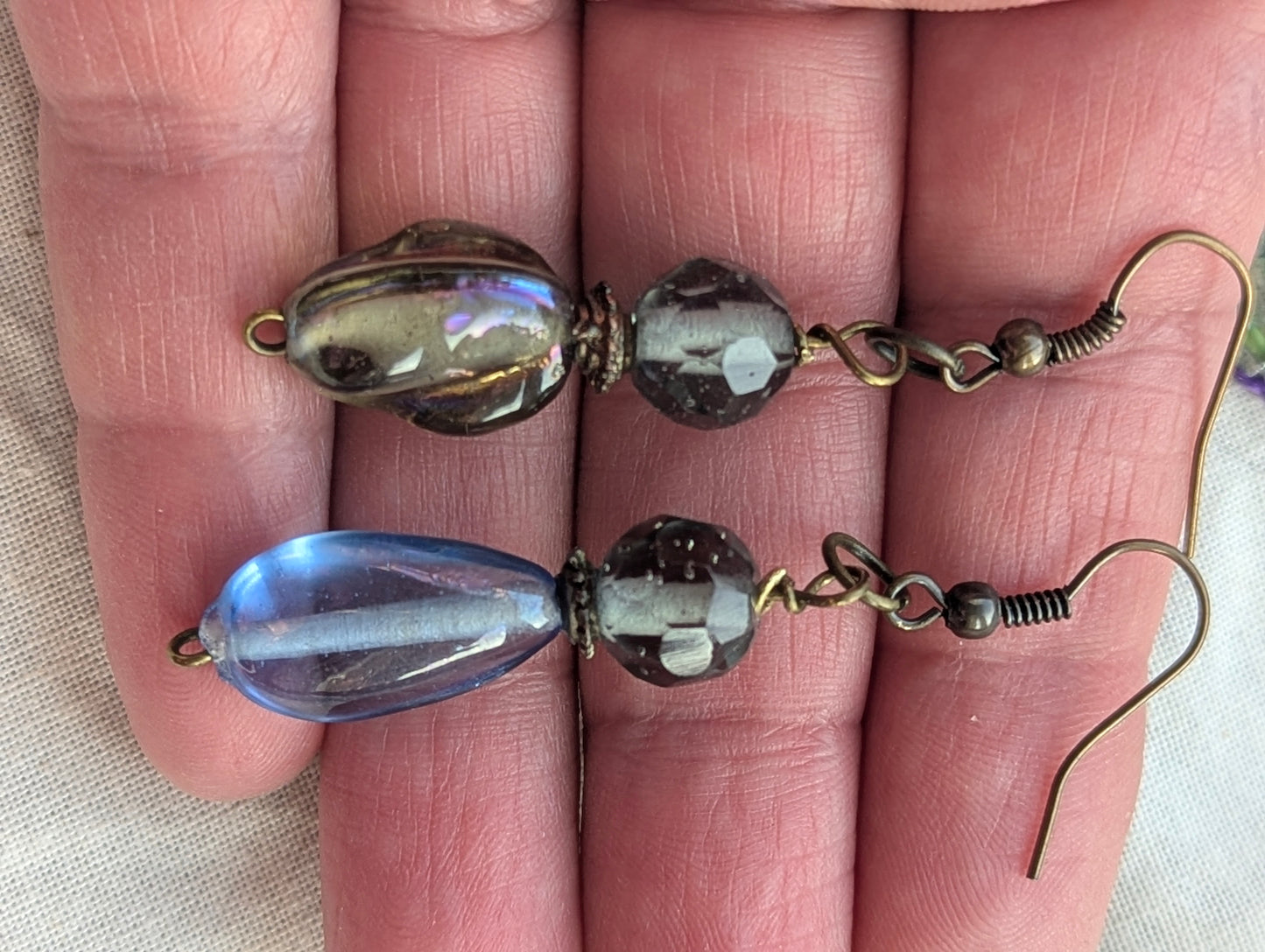 Unique Mismatched Blue & Iridescent Beaded Drop Earrings