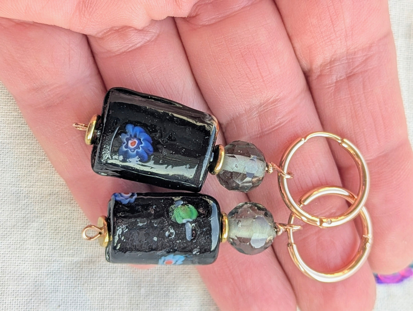 Black Floral Murano Glass Drop Hoop Earrings