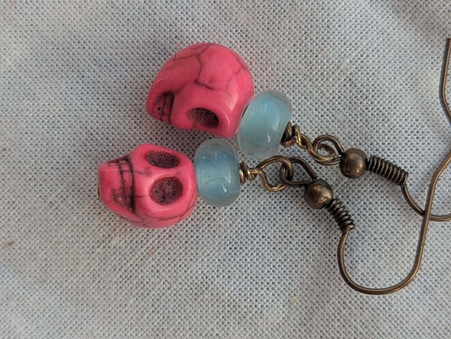 Pink Skull & Opal Bead Drop Earrings