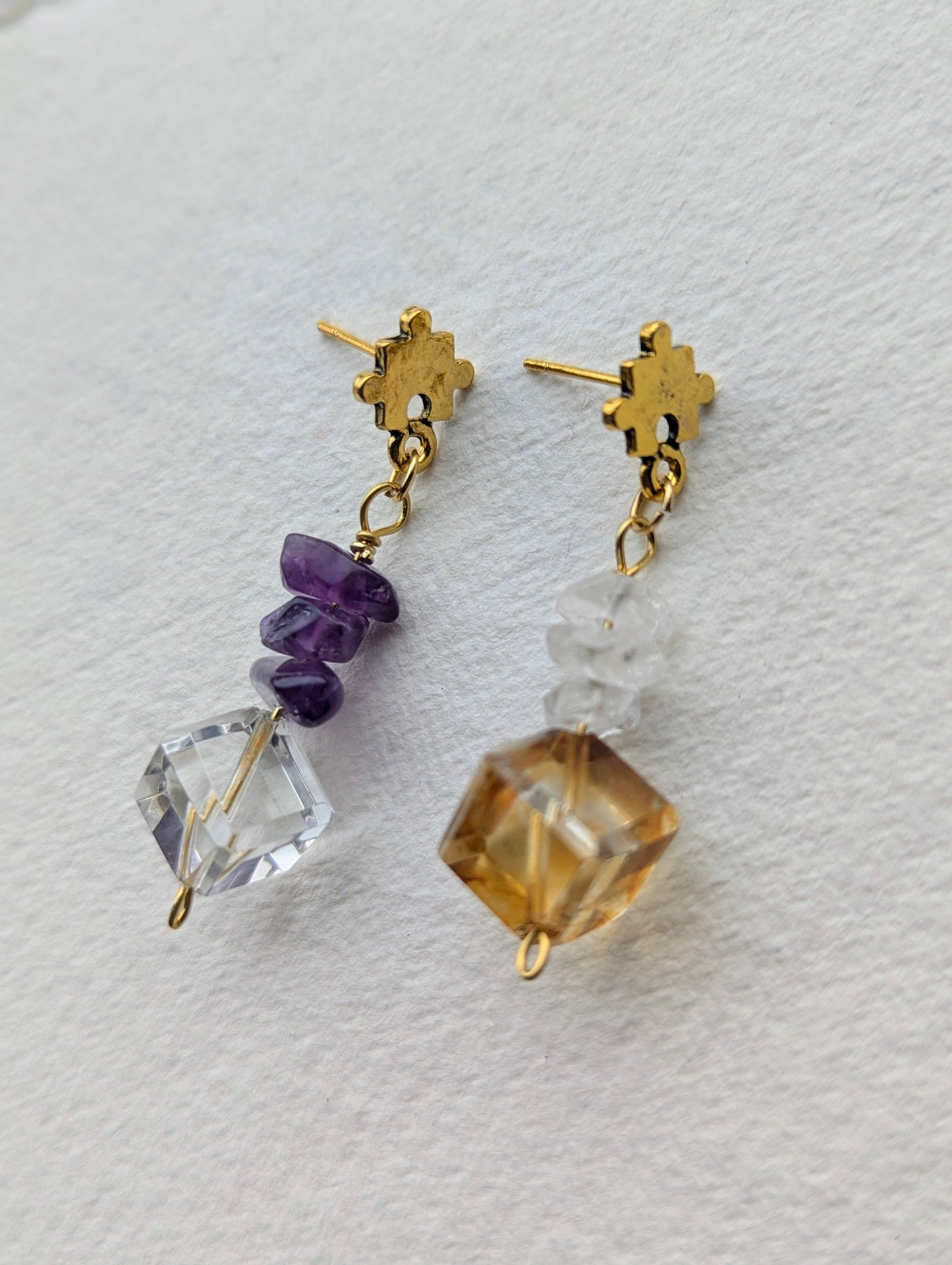 Amethyst & Citrine Asymmetrical Gemstone Dangle Earrings