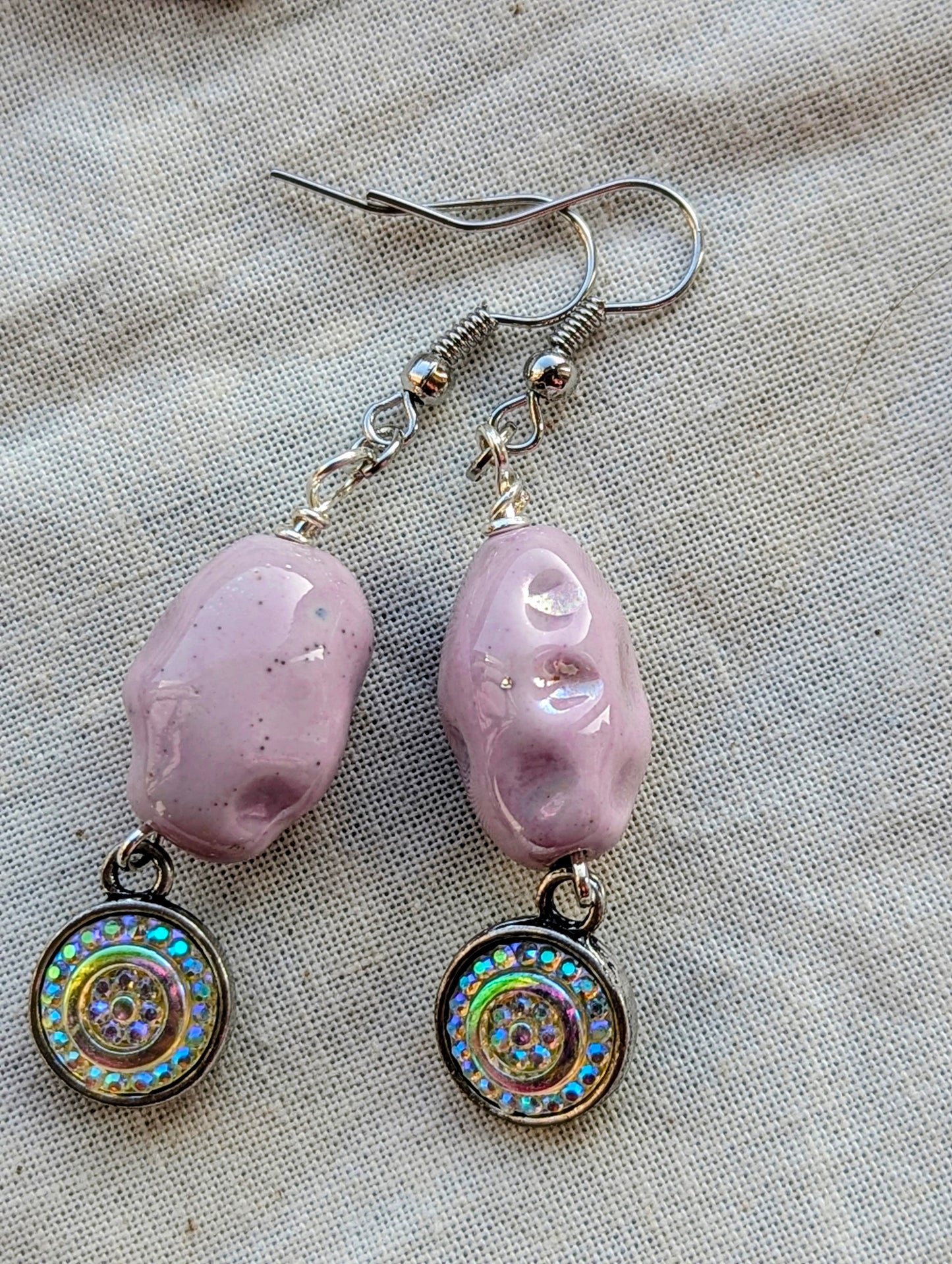 Unique Lavender Ceramic Drop Earrings with Iridescent Charms