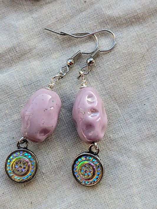 Unique Lavender Ceramic Drop Earrings with Iridescent Charms