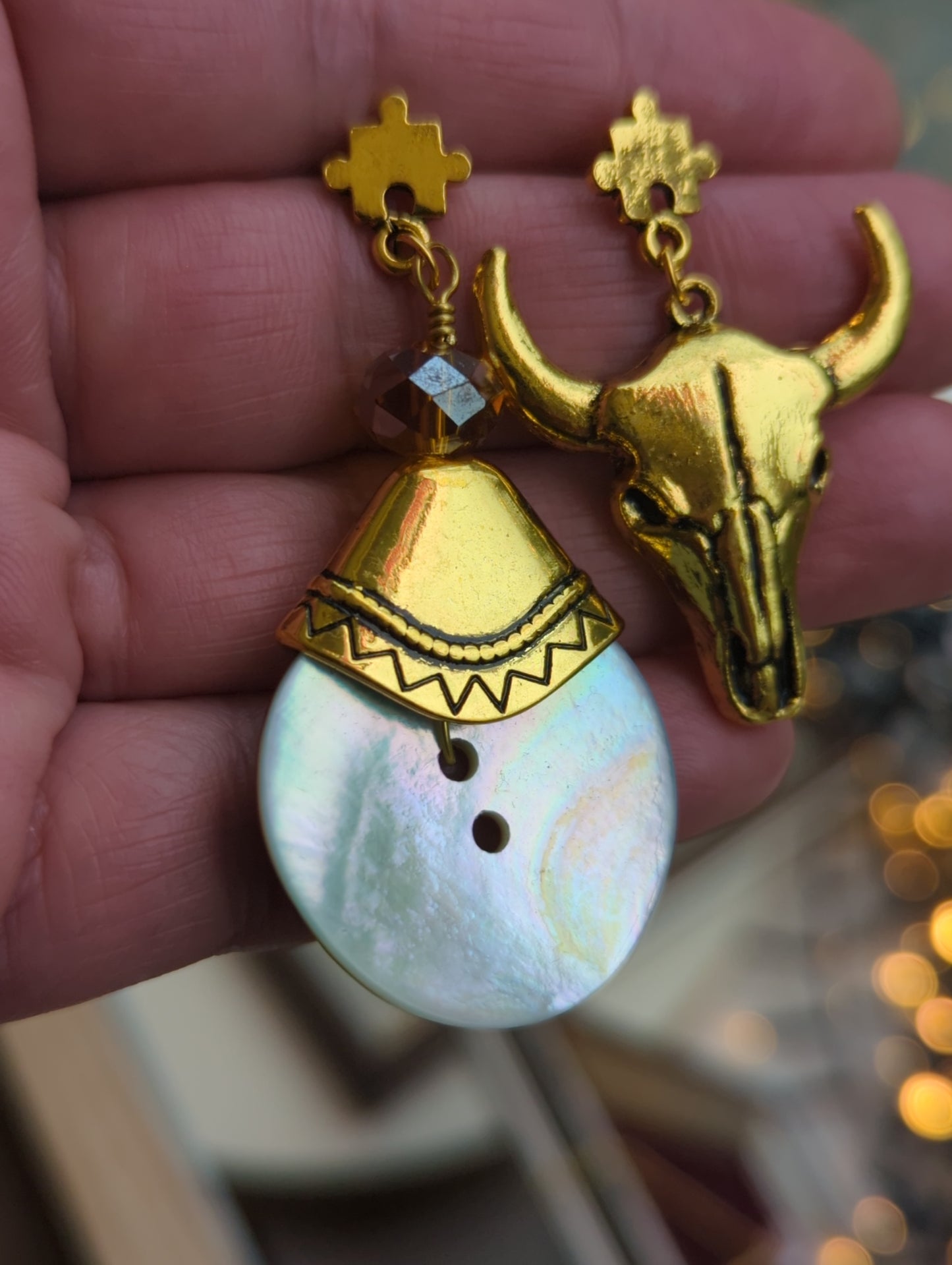 Mismatched Golden Bull Skull & Mother-of-Pearl Drop Earrings