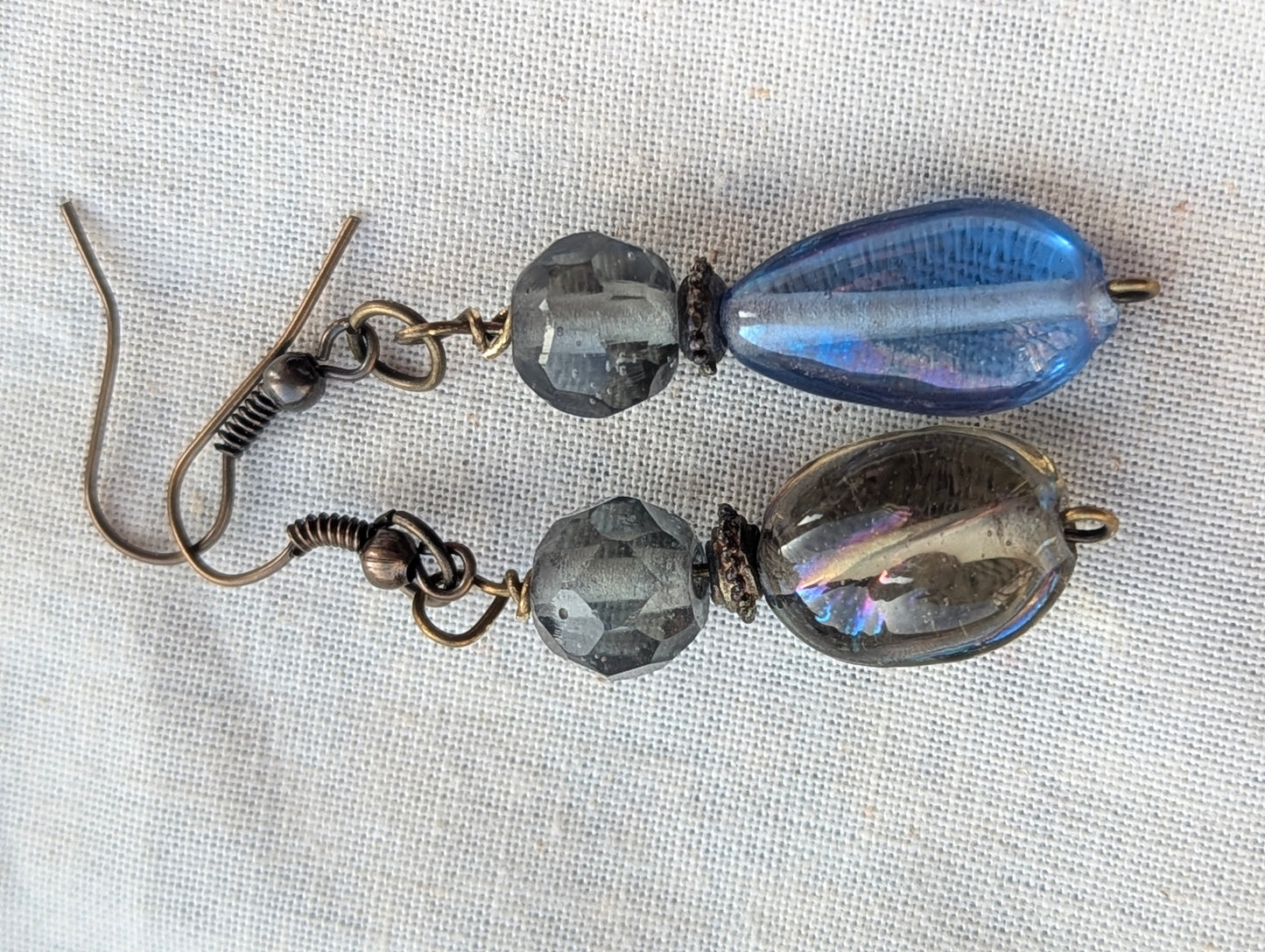 Unique Mismatched Blue & Iridescent Beaded Drop Earrings
