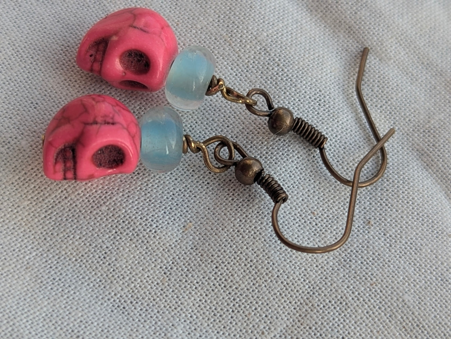 Pink Skull & Opal Bead Drop Earrings