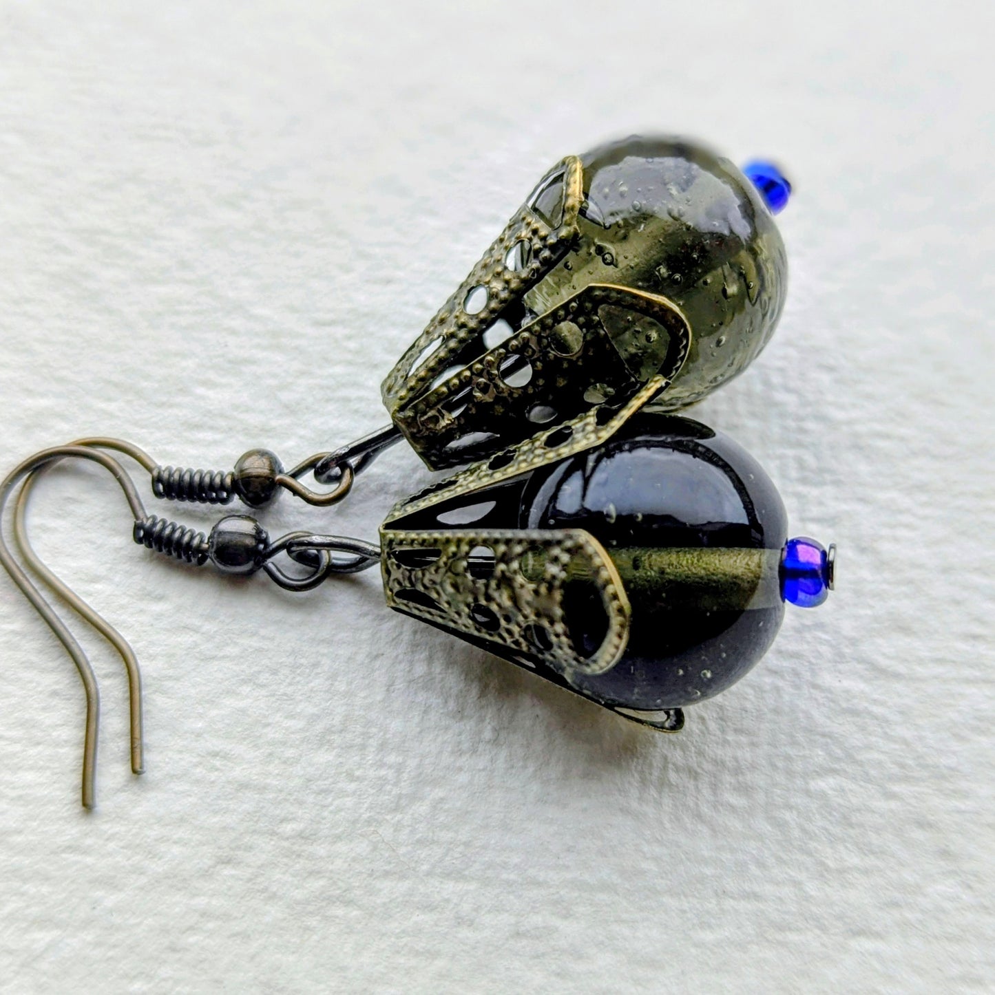 Handmade Dark Green Bead & Filigree Drop Earrings
