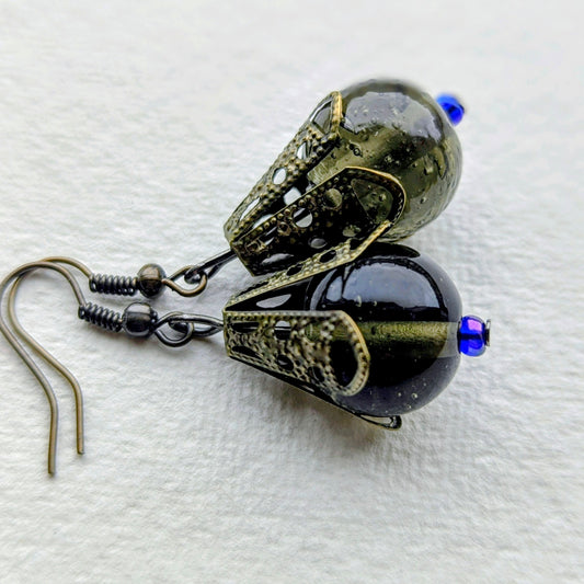 Handmade Dark Green Bead & Filigree Drop Earrings