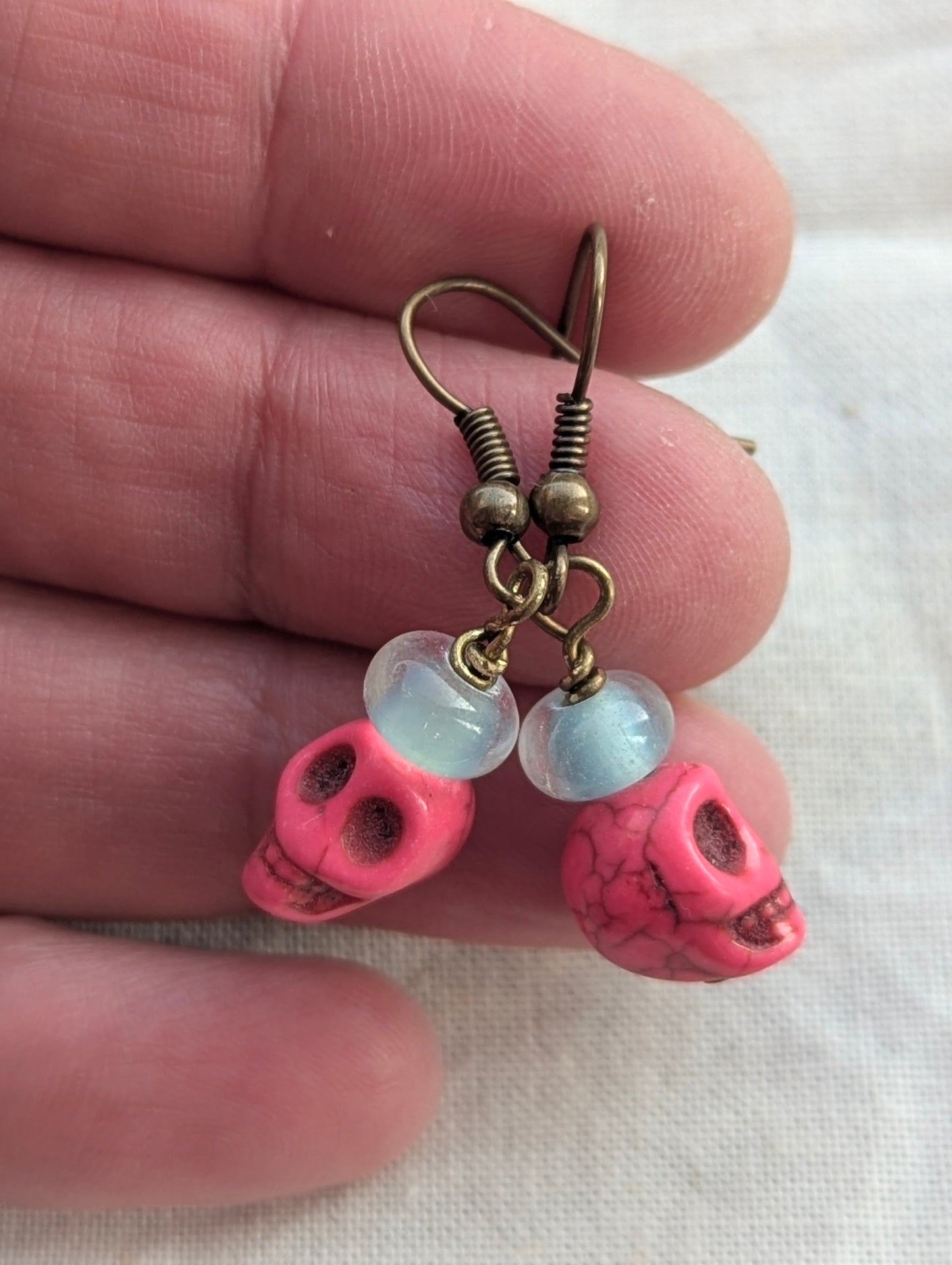 Pink Skull & Opal Bead Drop Earrings