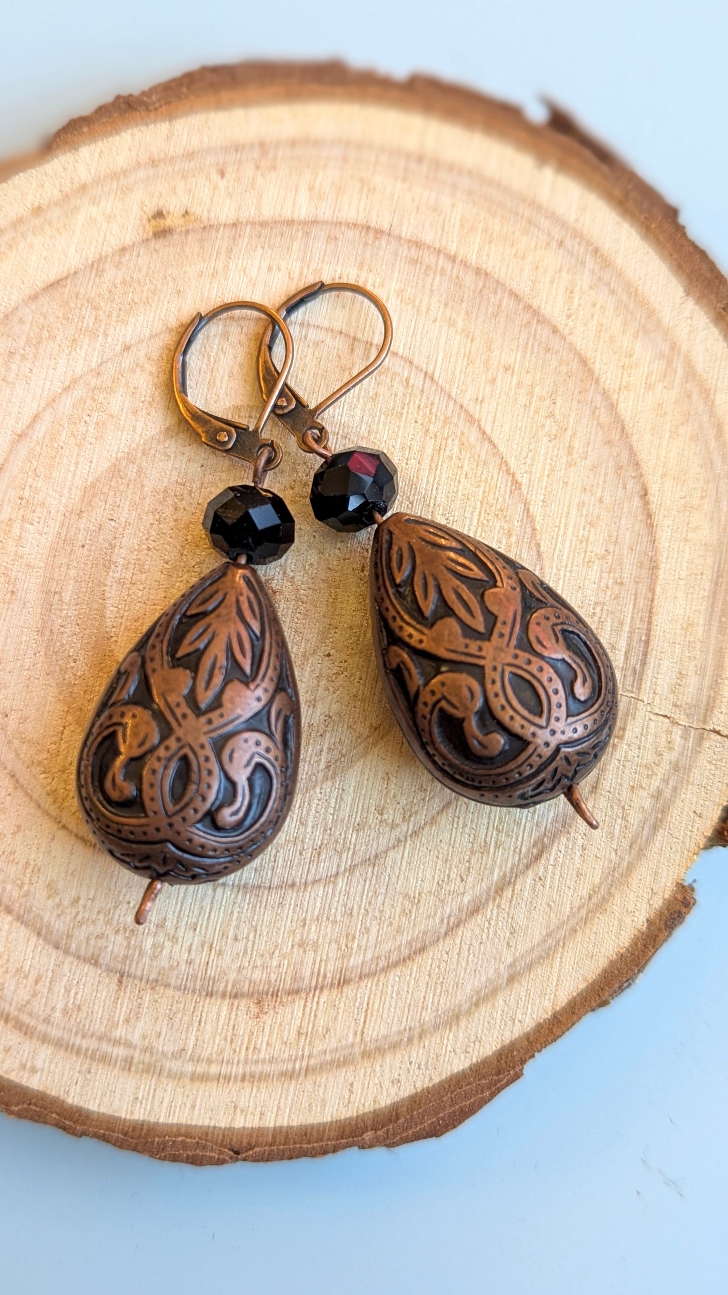 Vintage Copper Teardrop Earrings with Black Beads
