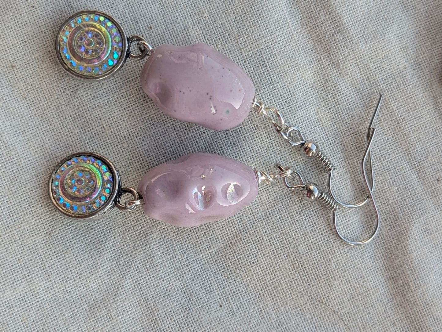 Unique Lavender Ceramic Drop Earrings with Iridescent Charms