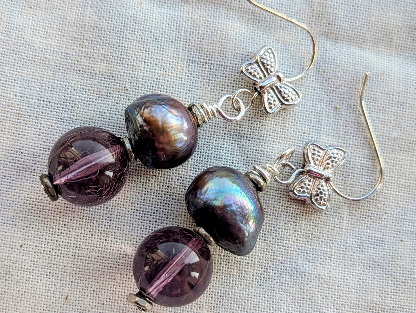 Handmade Baroque Pearl & Amethyst Glass Butterfly Earrings