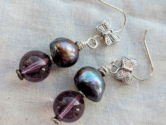 Handmade Baroque Pearl & Amethyst Glass Butterfly Earrings