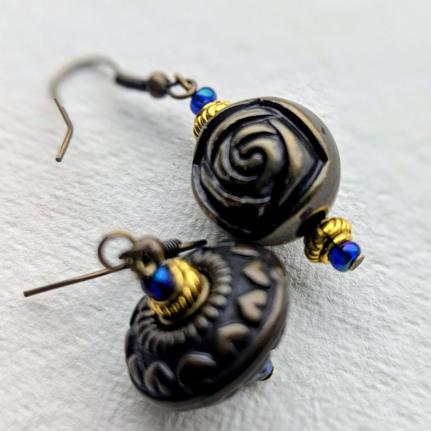 Artisan Bronze & Blue Drop Earrings with Rose and Heart Details