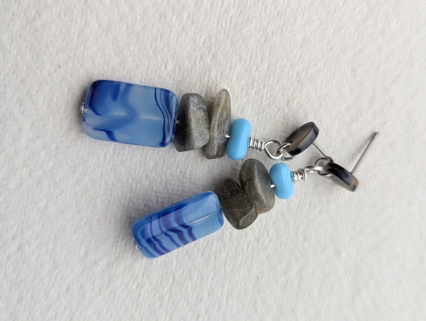 Handmade Blue Striped Glass & Stone Dangle Earrings
