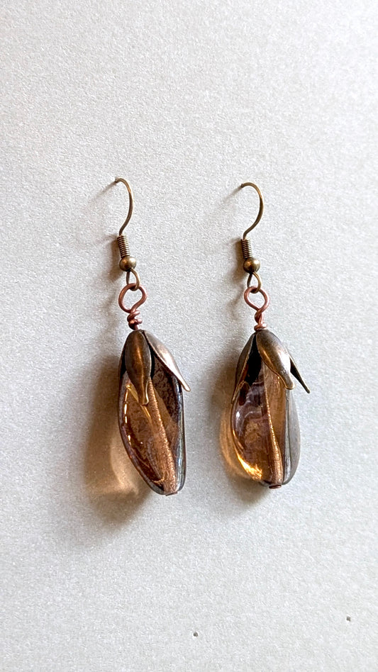 Vintage Style Amber Glass Drop Earrings with Bronze Tone Accents
