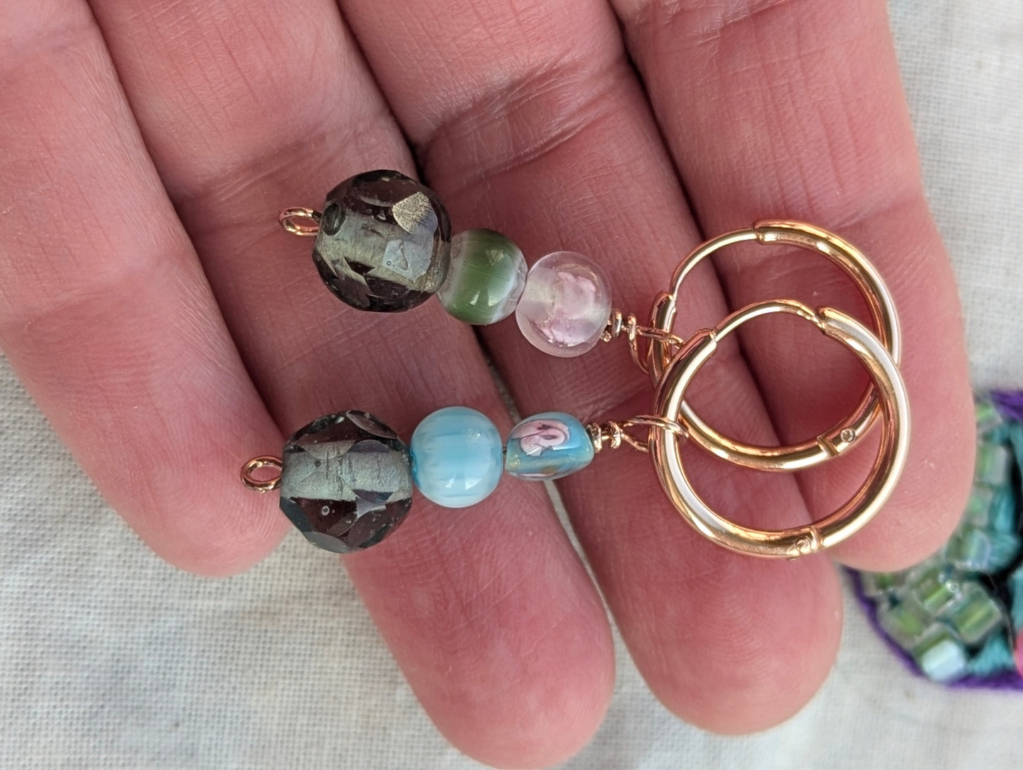 Gold Gold Tone Hoop Earrings with Mixed Beaded Charms