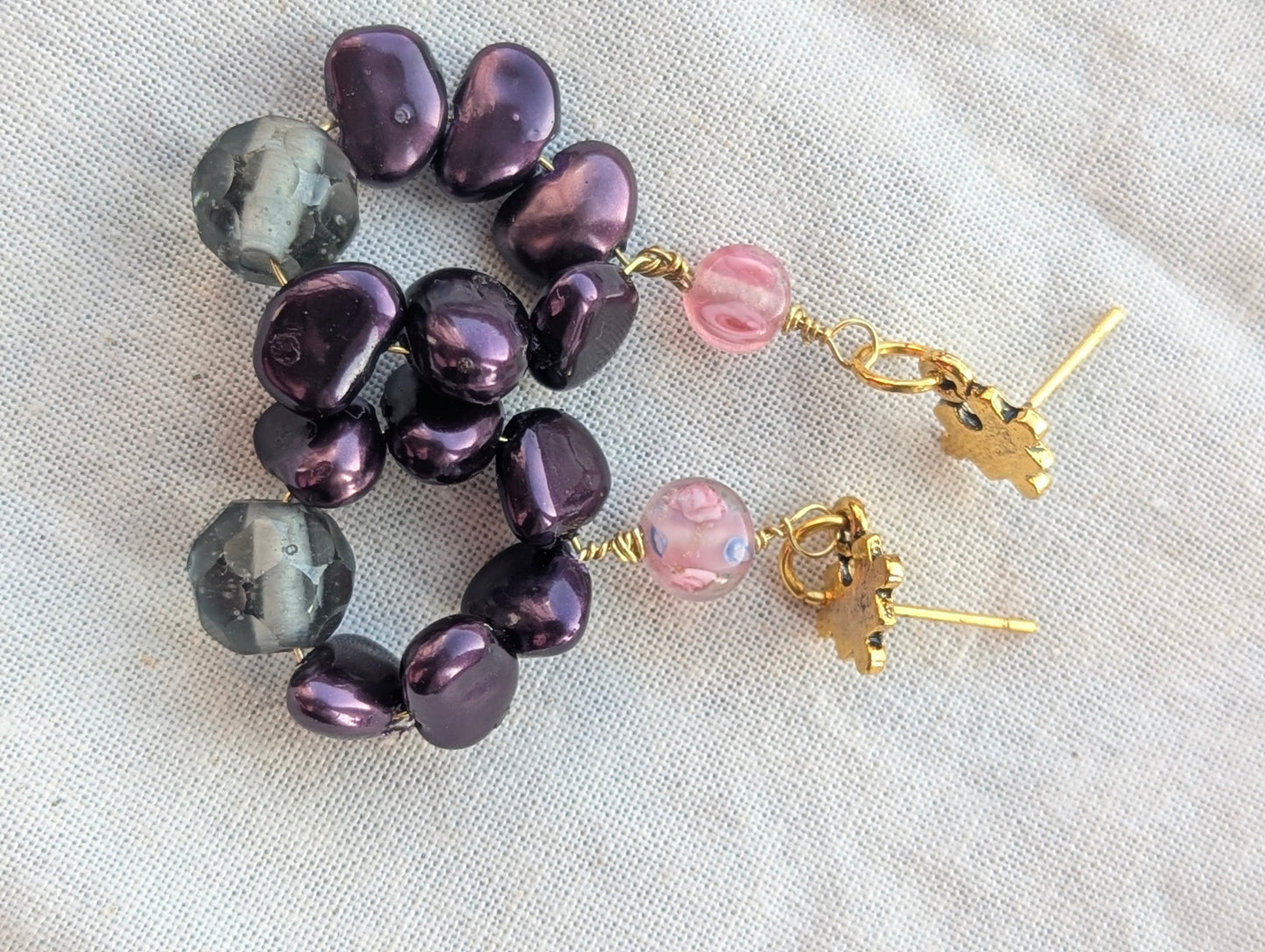 Handmade Purple Pearl & Glass Bead Dangle Earrings