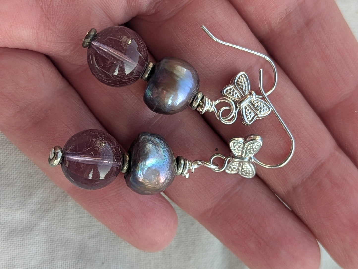 Handmade Baroque Pearl & Amethyst Glass Butterfly Earrings