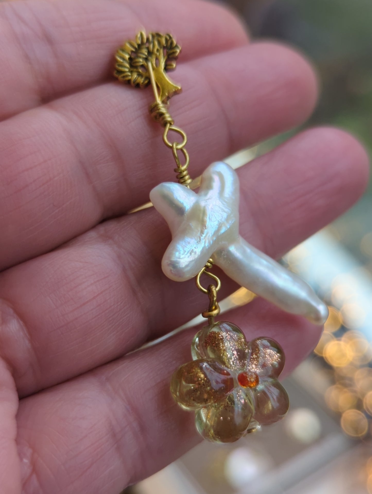 Artisan Gold Tree & Baroque Pearl Dangle Earrings