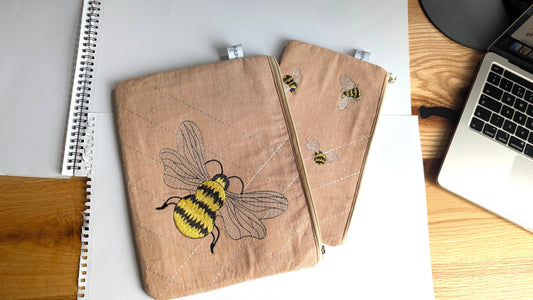 Upcycle upholstery embroidered bees pouch set