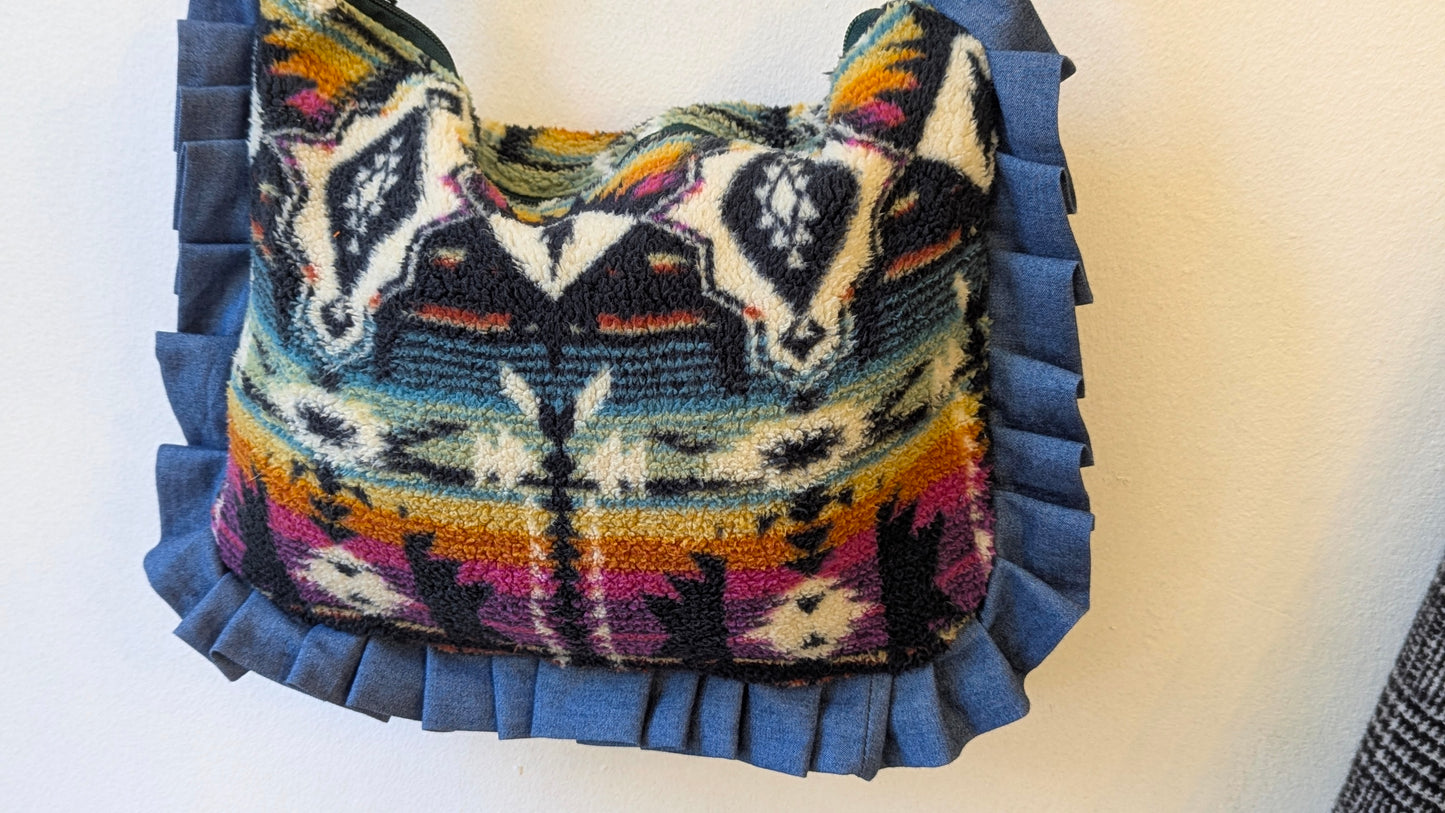 Upcycle boho bag with denim ruffle