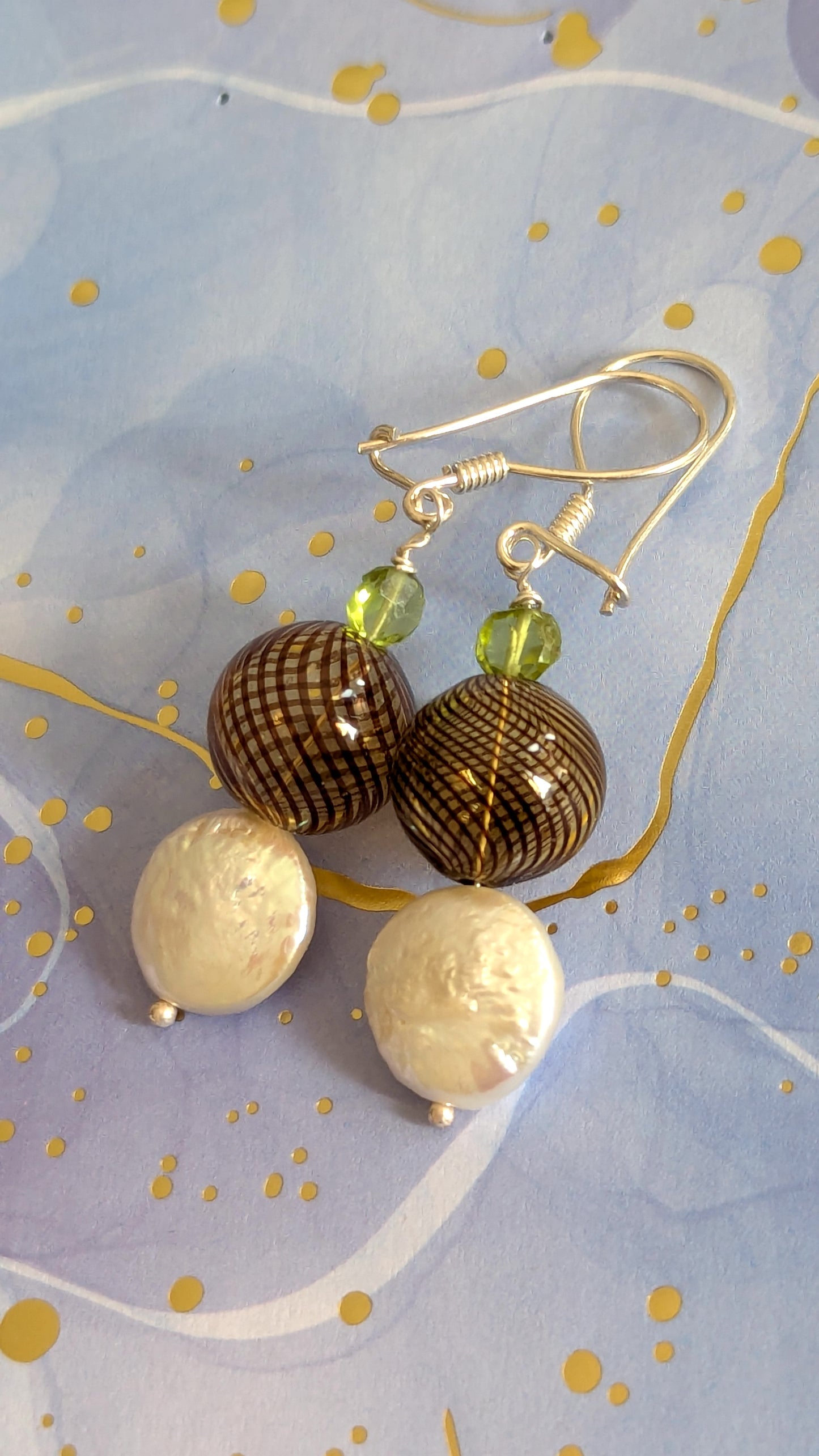 Silver earrings with coin pearls and glass bubble beads