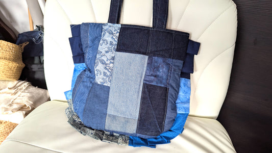 Ruffled quilted tote denim crossbody bag