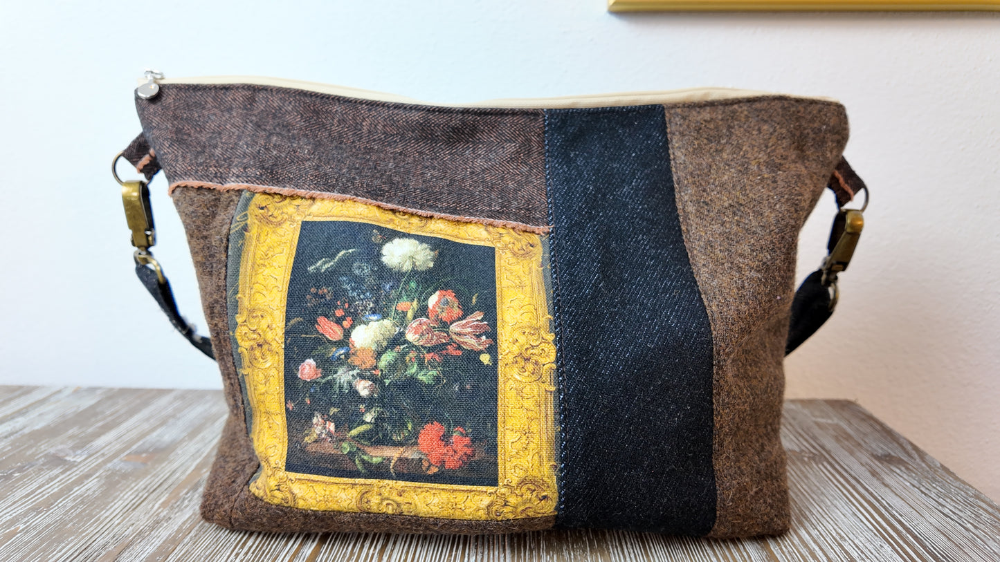 Flower still life painting canvas and wool patchwork
