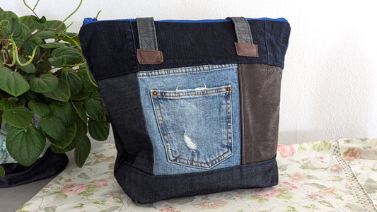 Patchwork leather and denim tote