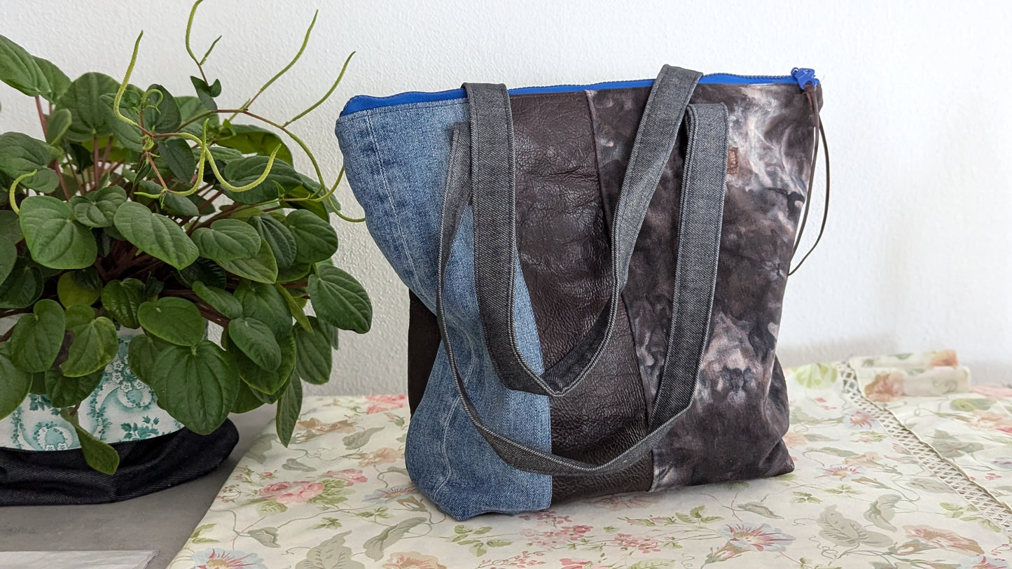 Patchwork leather and denim tote