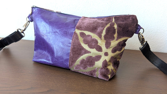 Upcycle textile and purple leather bag
