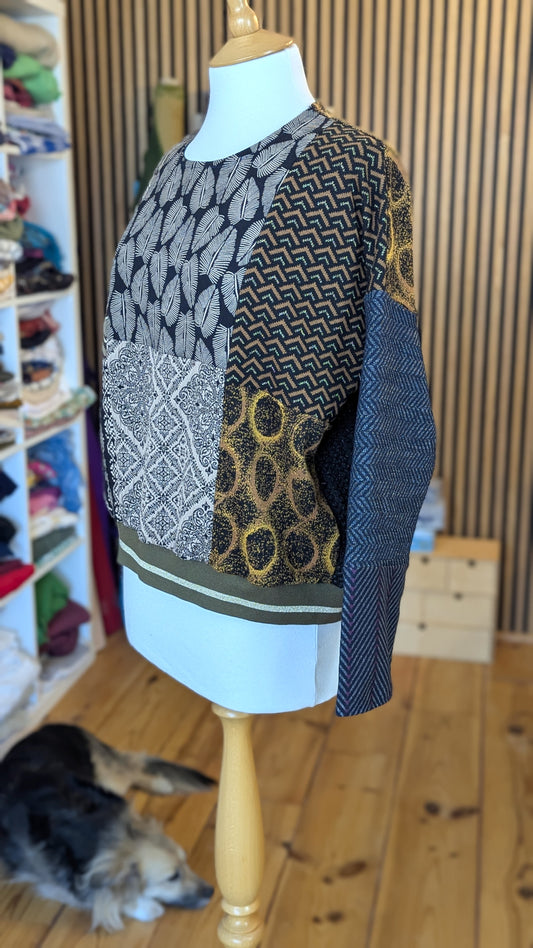 Patchwork sweater, made out of designer fabric samples
