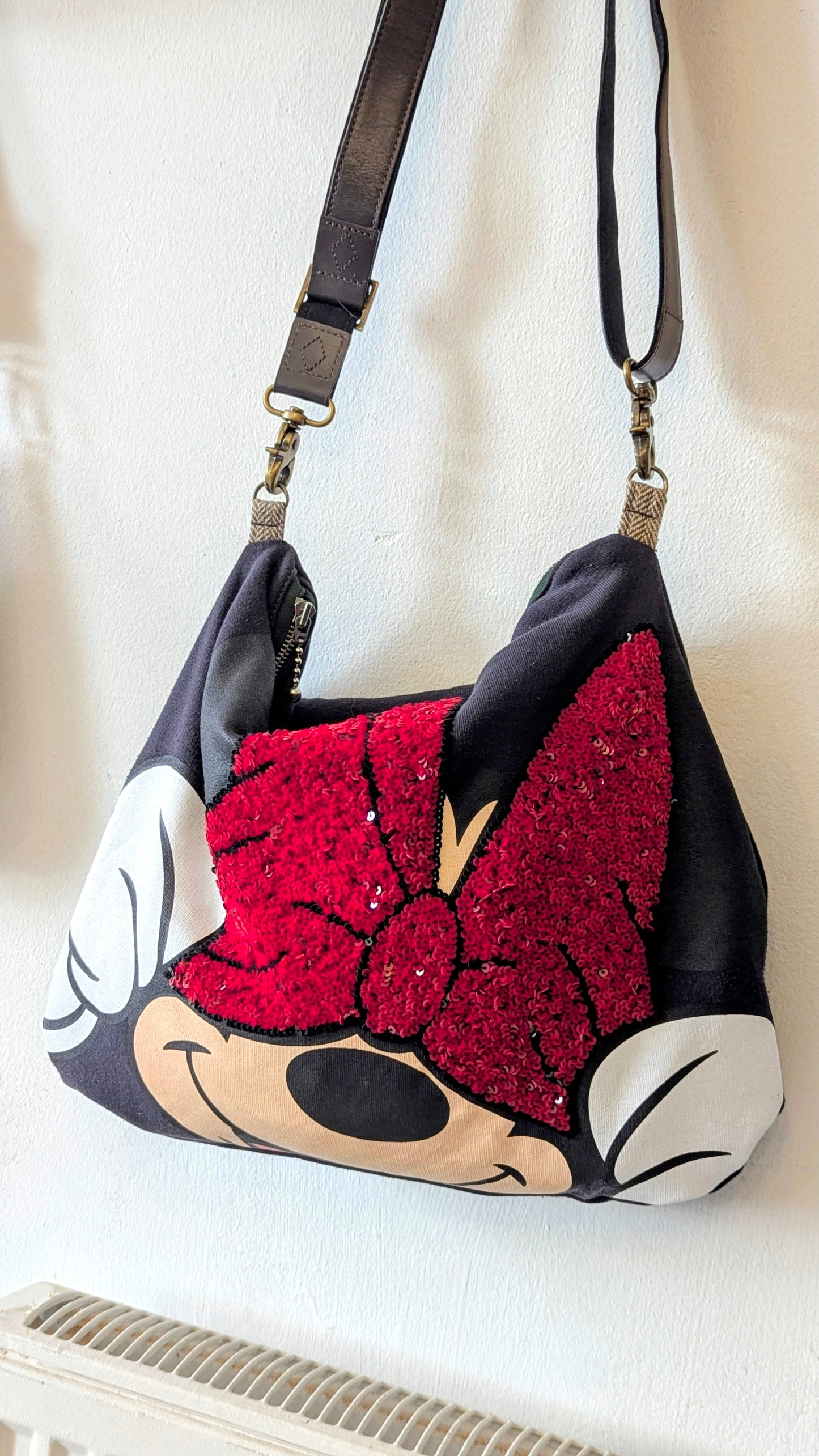 Upcycle Mini Mouse sweater into hobo bag