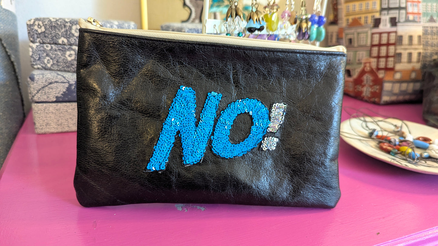 Upcycle black leather pouch with NO! patch