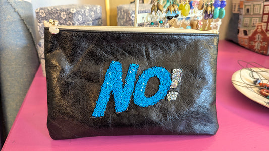 Upcycle black leather pouch with NO! patch