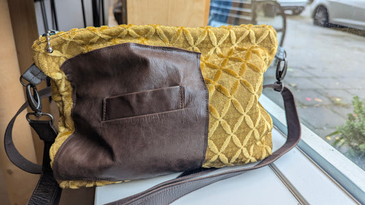 Vintage yellow velvet fabric and upcycle leather bag