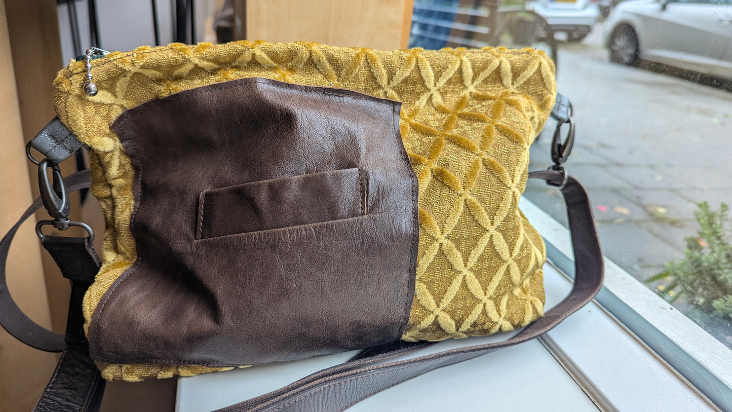 Vintage yellow velvet fabric and upcycle leather bag