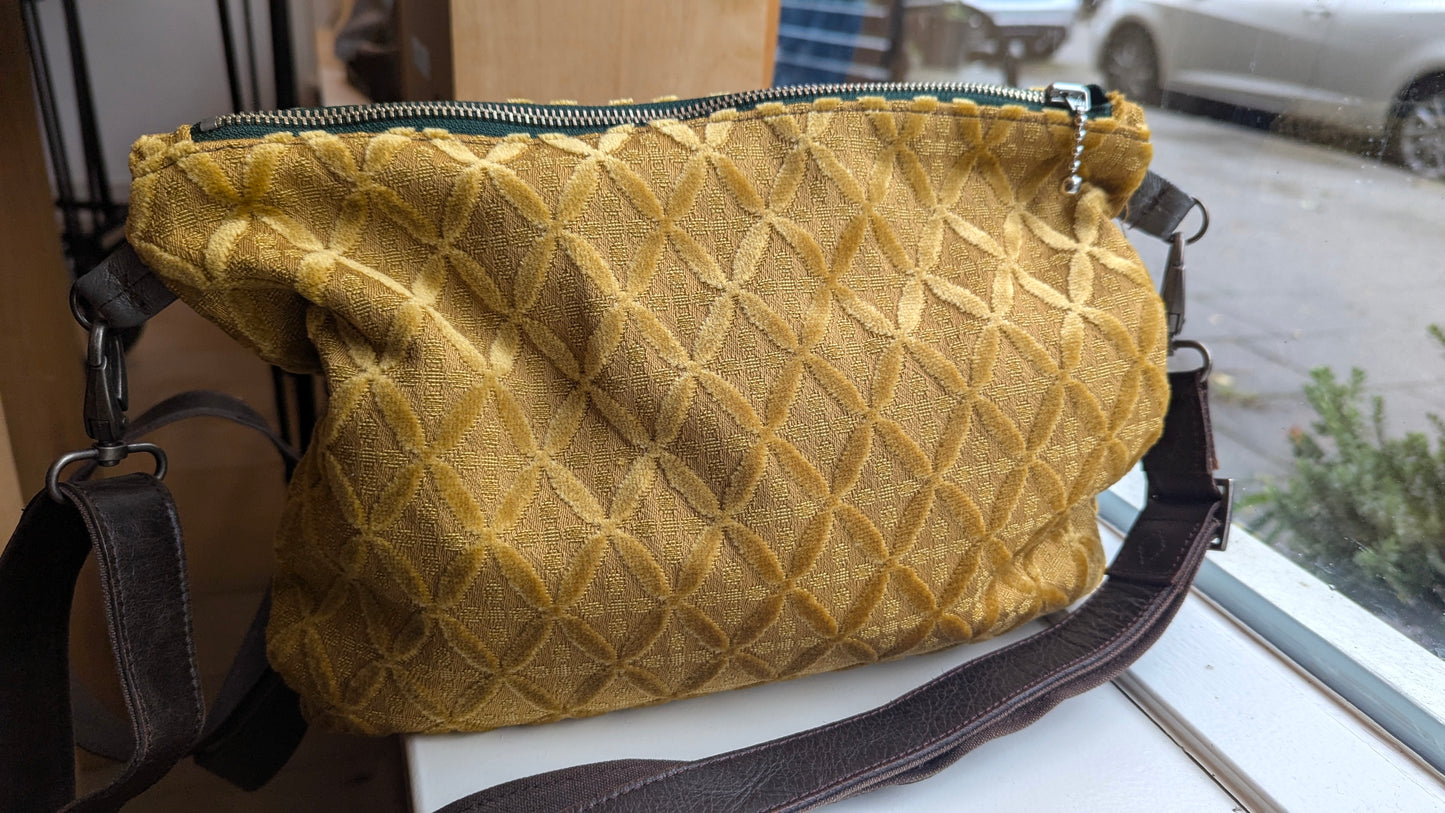 Vintage yellow velvet fabric and upcycle leather bag