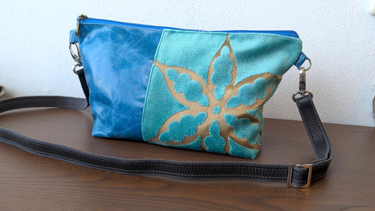 Upcycle textile in baby blue and blue leather bag