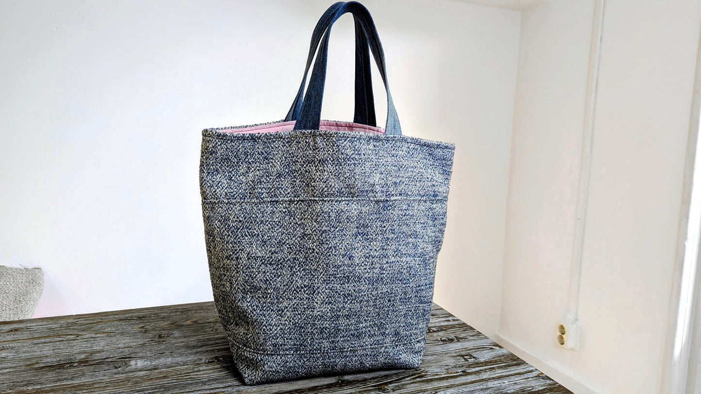 Upcycle blue upholstery fabric and denim  tote bag