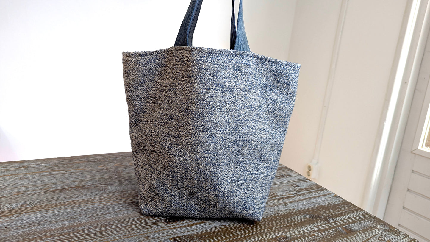 Upcycle blue upholstery fabric and denim  tote bag