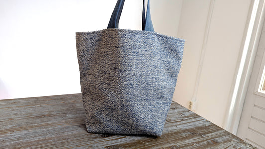 Upcycle blue upholstery fabric and denim  tote bag