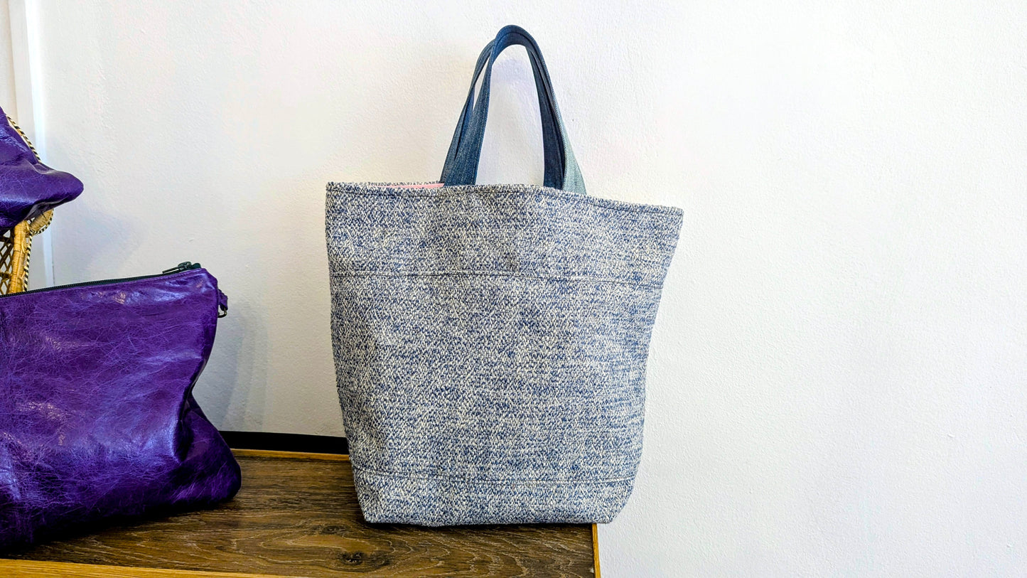 Upcycle blue upholstery fabric and denim  tote bag