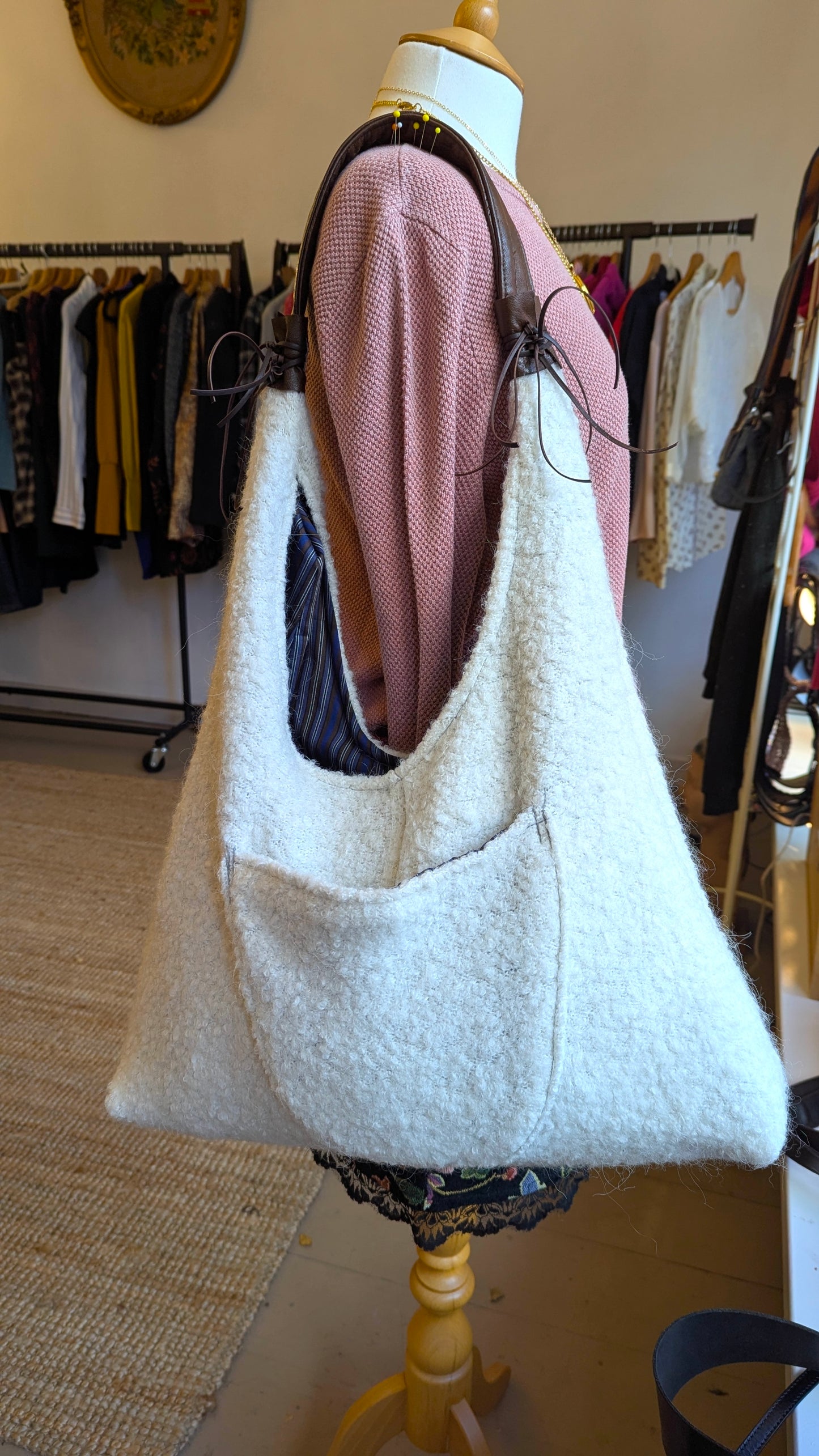 Upcycle vintage wool and leather bohemian bag