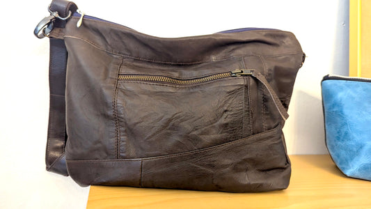 Vintage upcycle brown leather crossbody bag